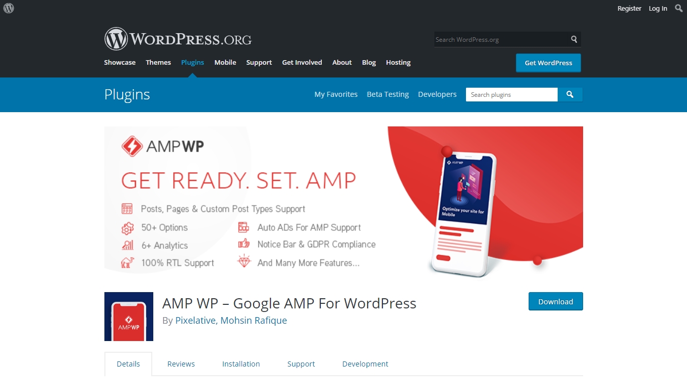 AMP WP download page on WordPress.org