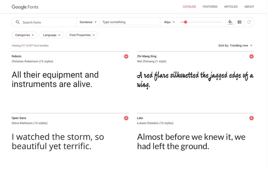 Google Fonts screenshot with a collection of fonts