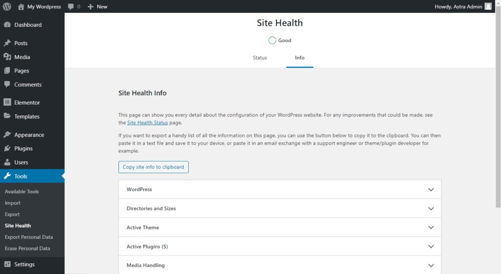 WordPress dashboard site health information section