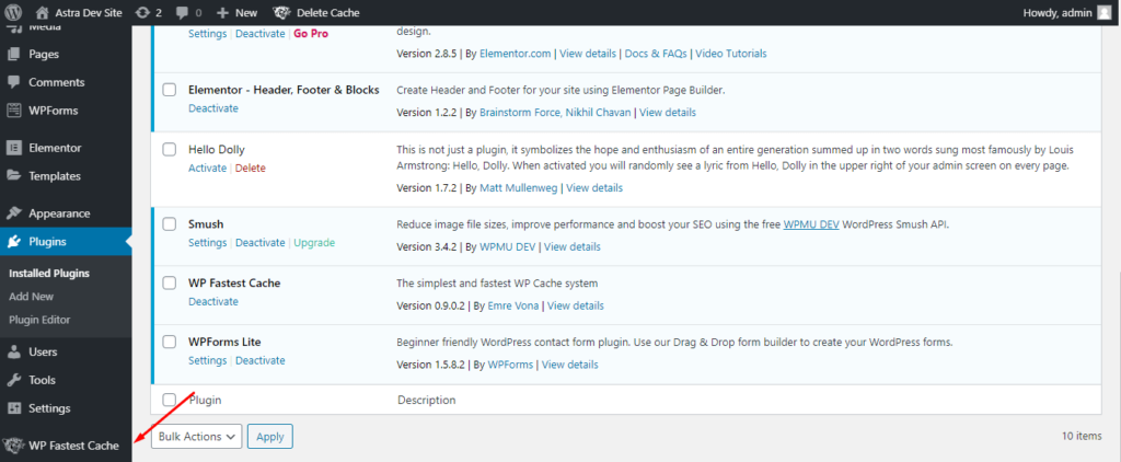 WP Fastest Cache settings location on the WordPress dashboard sidebar