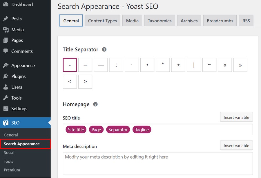 Yoast Search Appearance setting