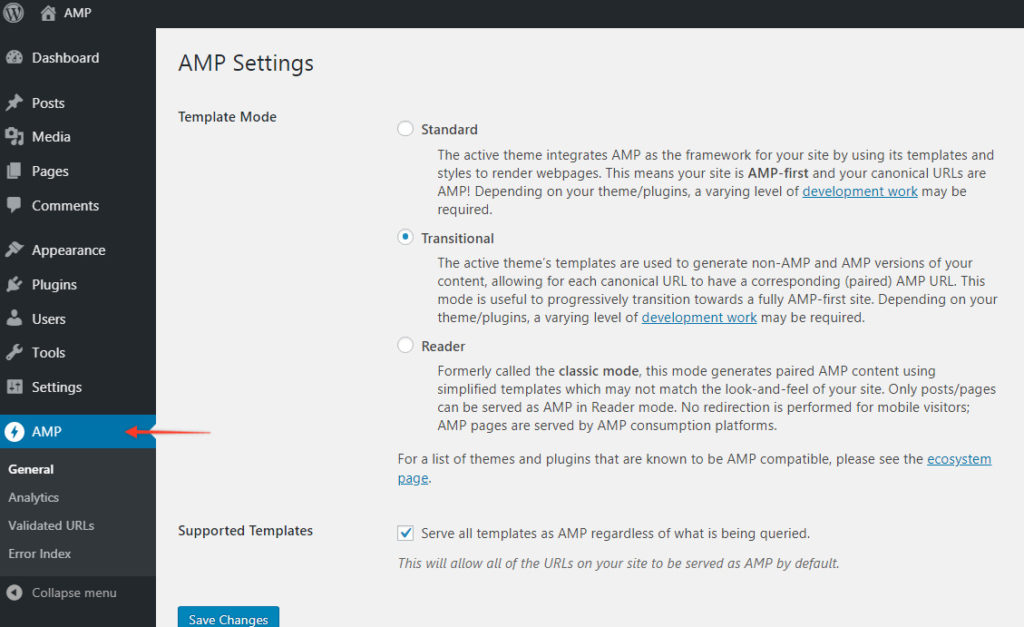AMP settings on WordPress dashboard