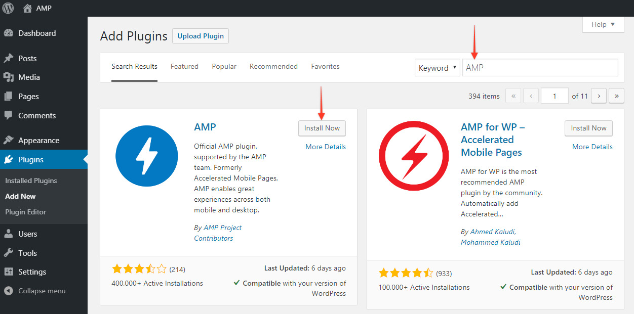 AMP plugin for WP Install page on the WordPress Dashboard