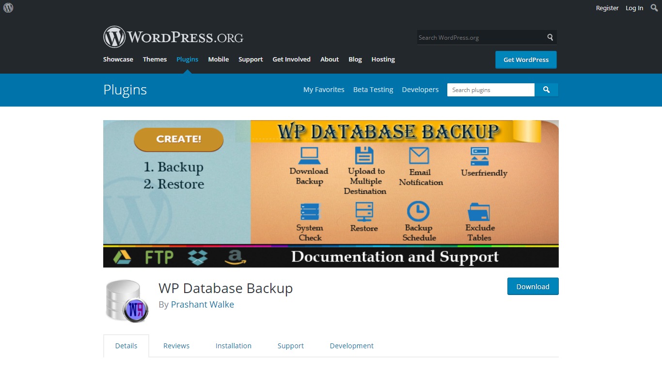 WP Database Backup download page from WordPress.org