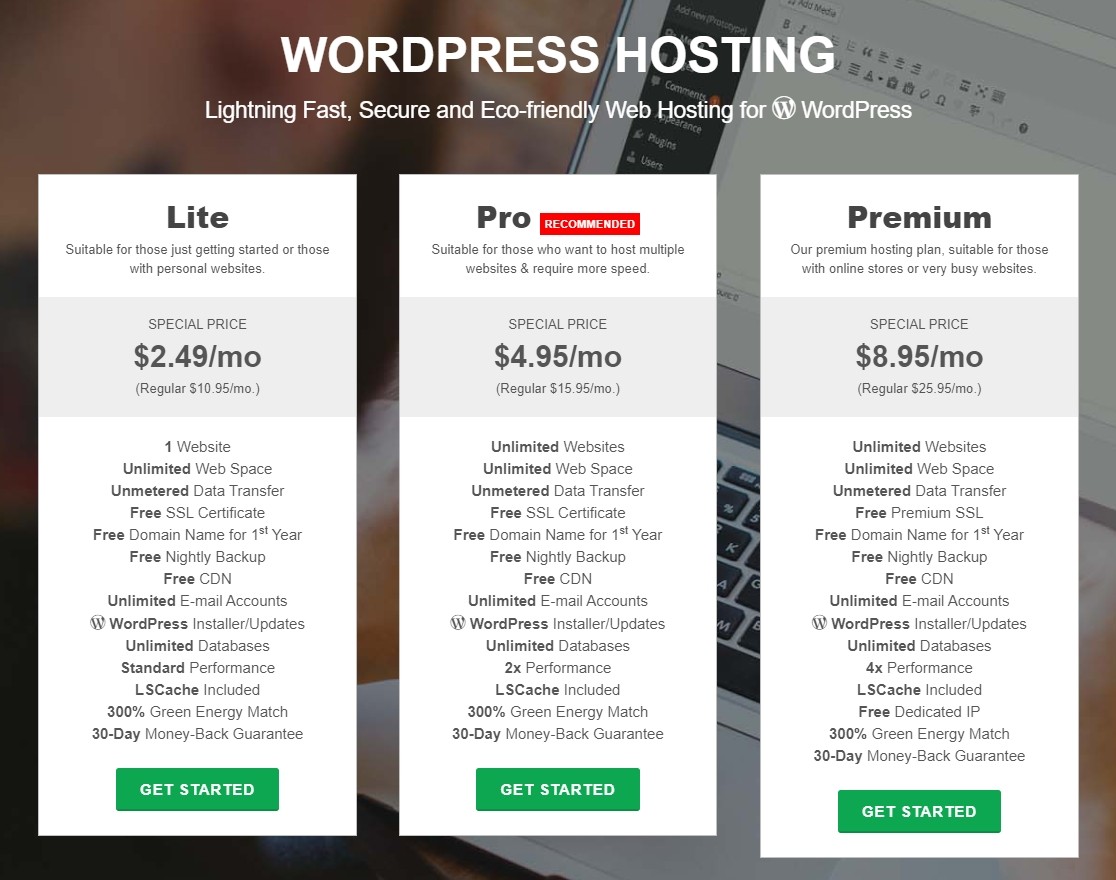 GreenGeeks WordPress hosting plans