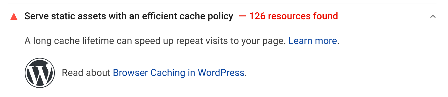 A warning from Google PageSpeed Insights on leveraging browser caching