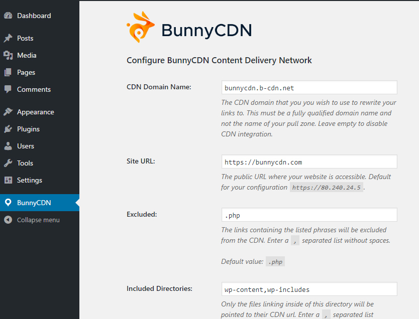 Bunny CDN Settings page