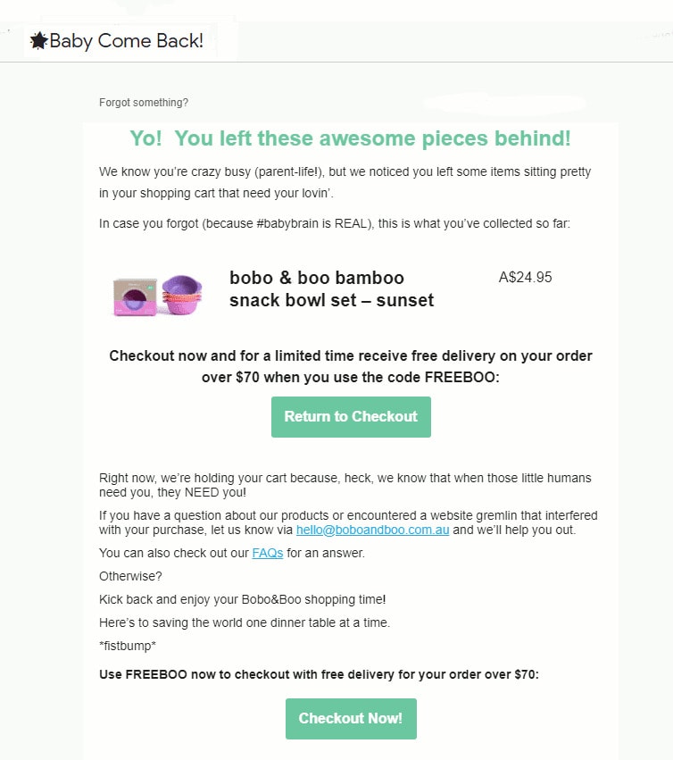 Cart Abandonment mail by Bobo