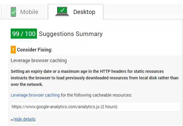 Google Analytics warning on leveraging browser caching