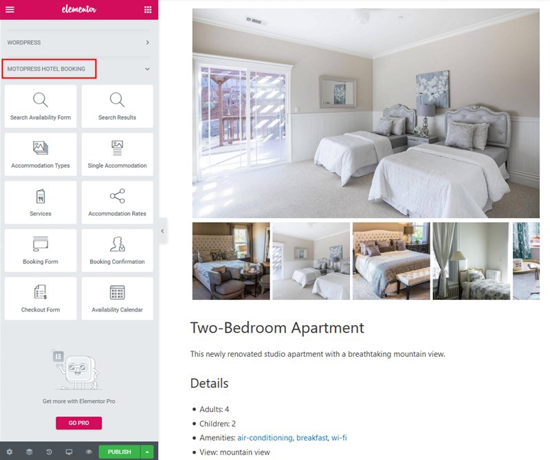Hotel booking plugin with elementor
