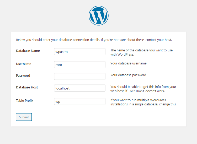 WordPress Installation Database settings