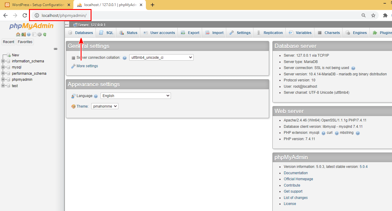 Configuración de la base de datos de XAMPP WordPress 2