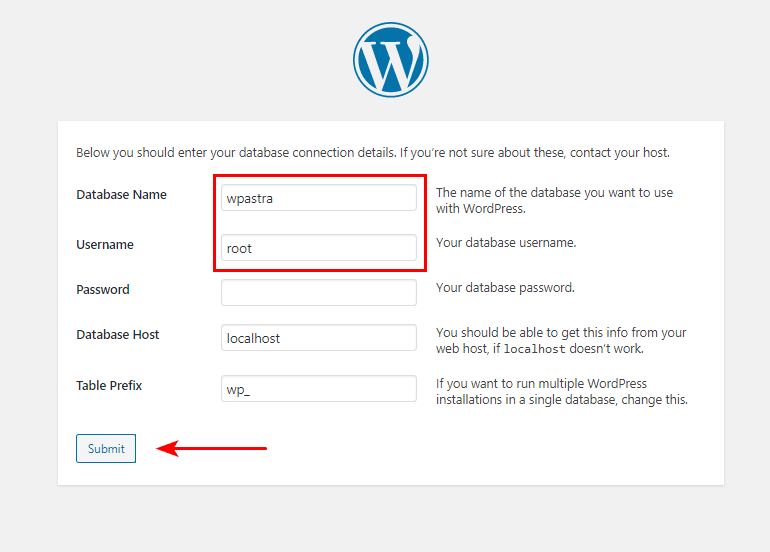 Nastavení databáze instalace aplikace WordPress XAMPP