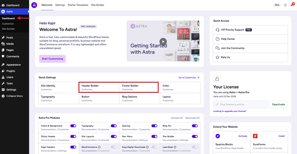 Header Footer Builder in Astra Dashboard