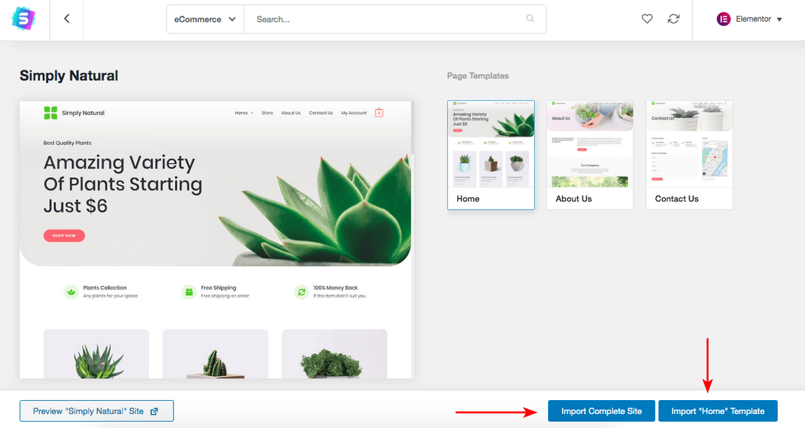 simply natural template importing page