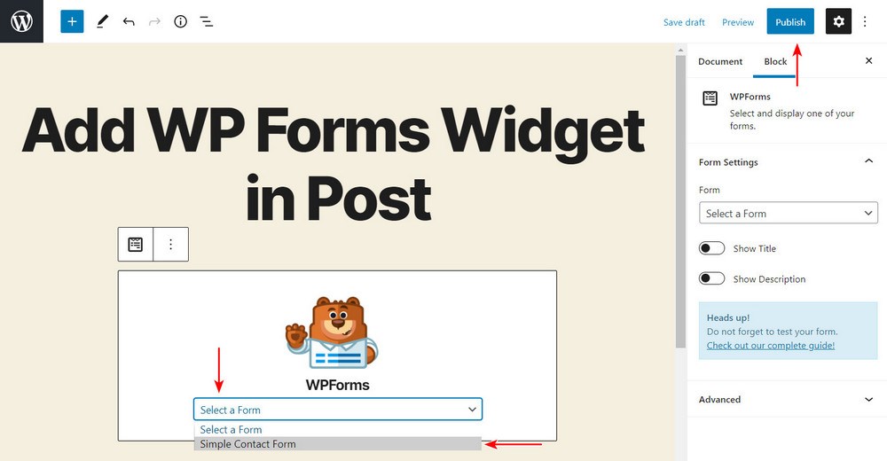 Add WP Forms widget in post 2