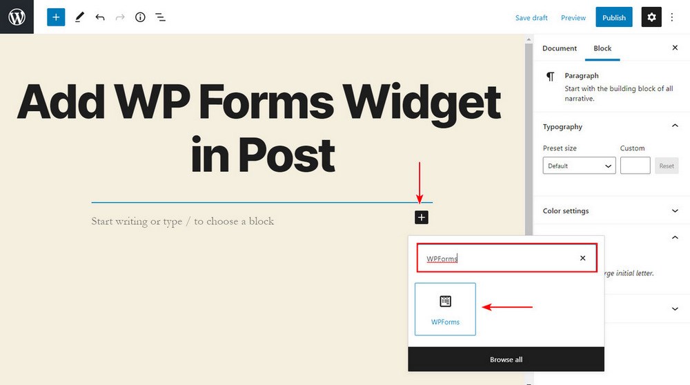 Add WP Forms widget in post