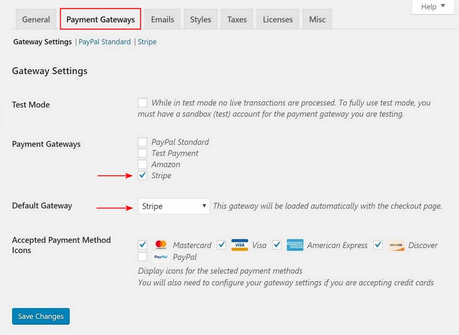 Easy Digital Downloads stripe payment setting