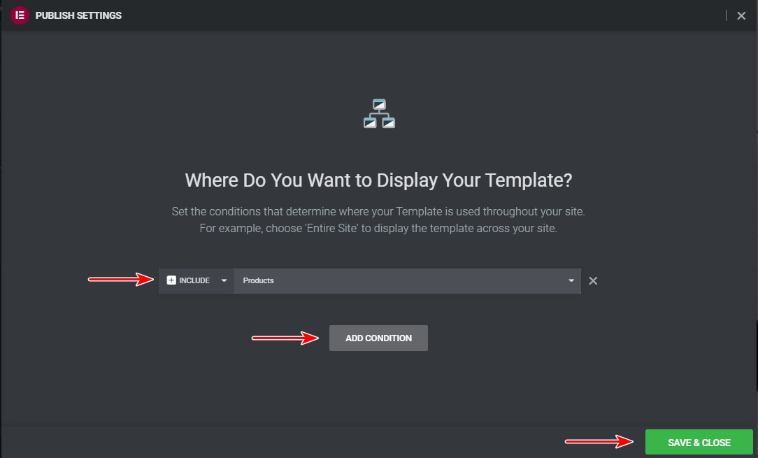 Elementor template publish settings