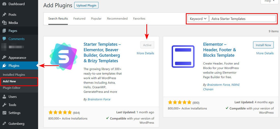 installeer Astra starter templates