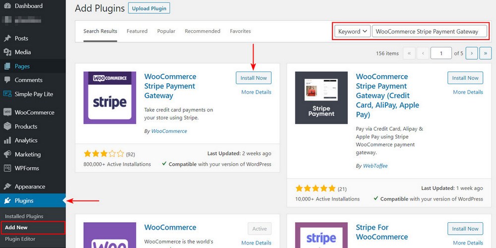 Install WooCommerce stripe payment gateway plugin