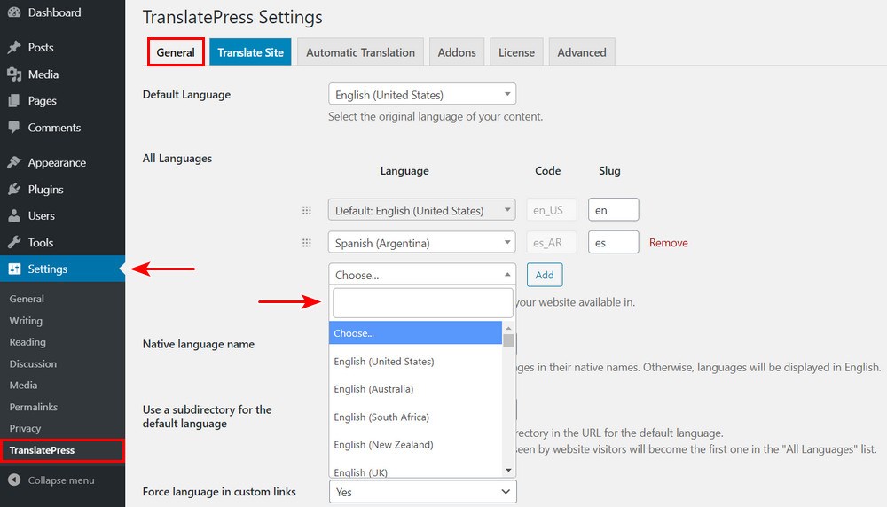 TranslatePress languages