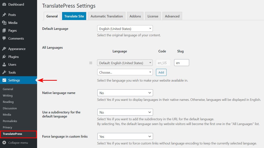 TranslatePress settings