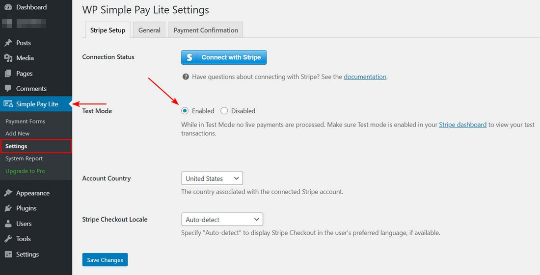 WP Simple pay lite test mode