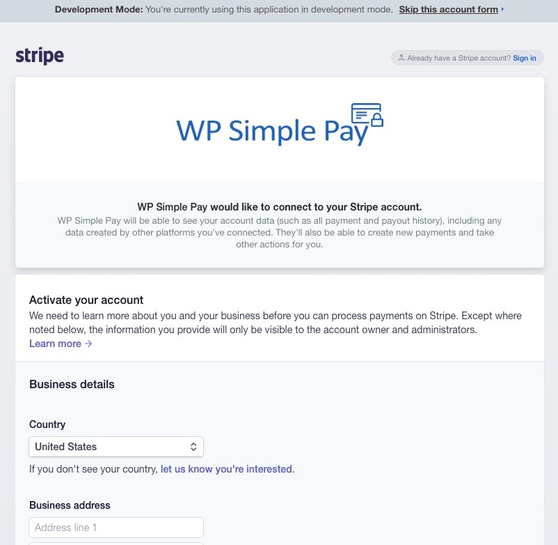 WP simple pay setup