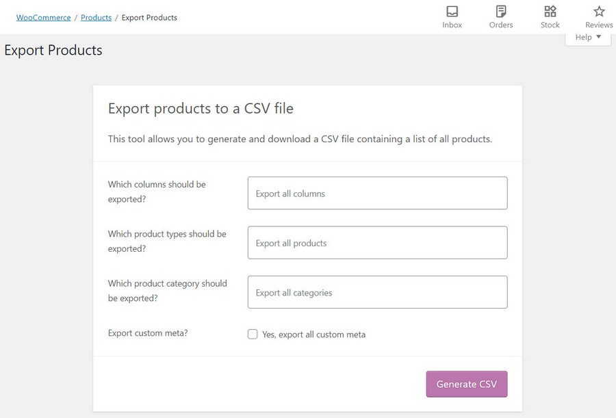 WooCommerce Export products page