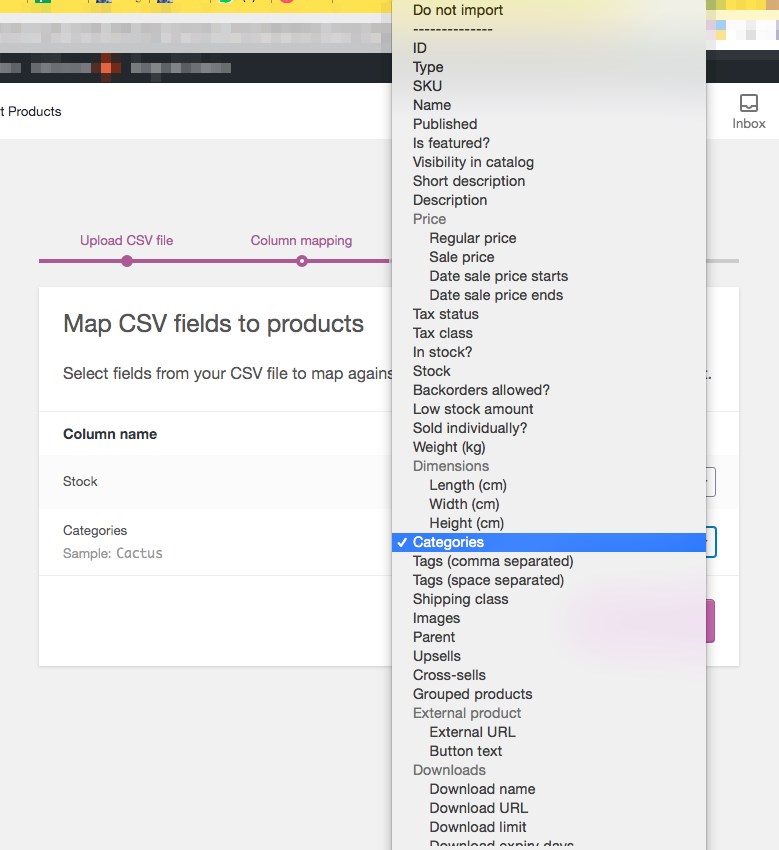 WooCommerce import product page column mapping categories