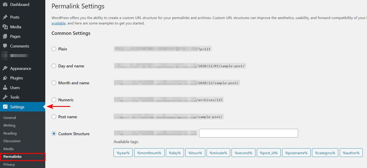 WordPress permalink settings