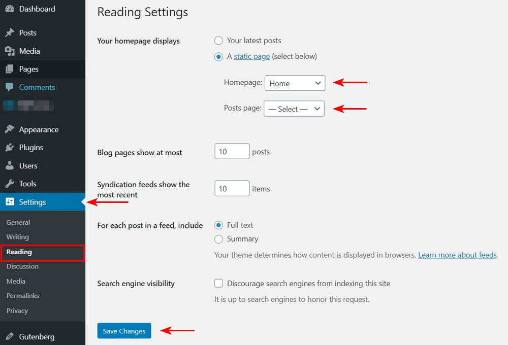 Configuración de lectura de WordPress