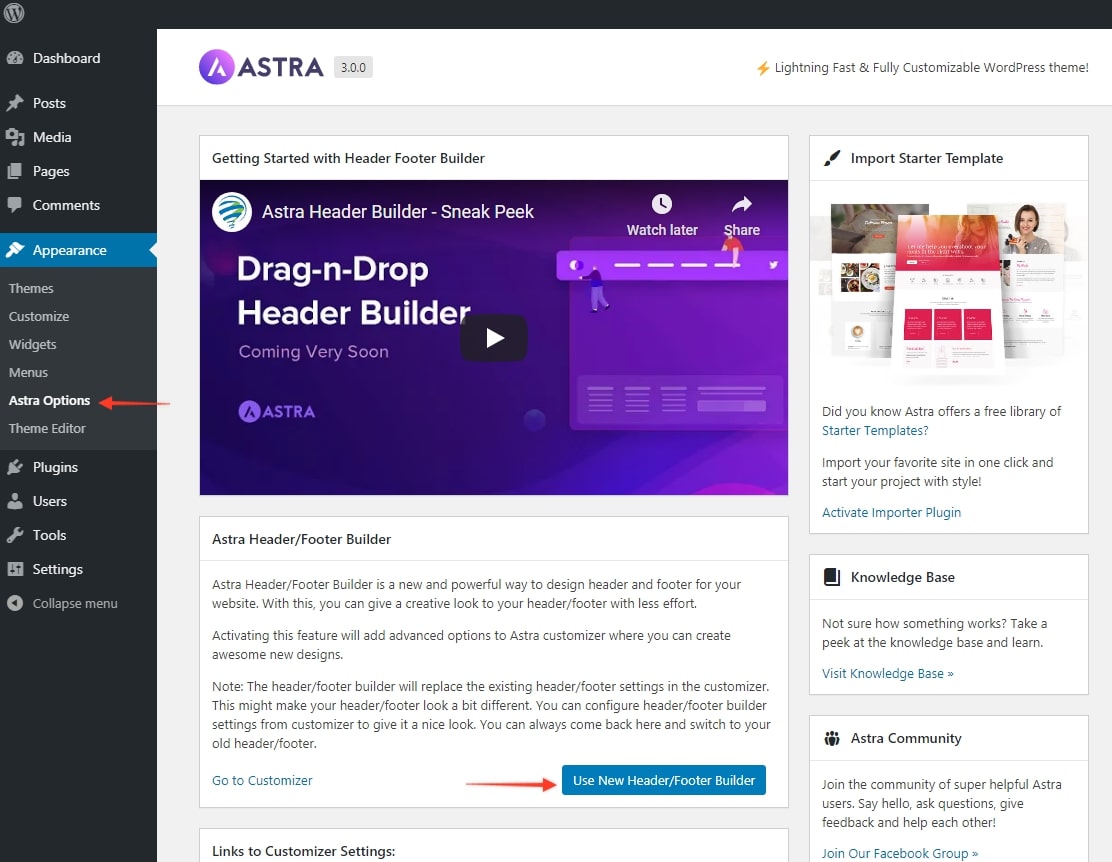 Use New Header Footer Options in Astra