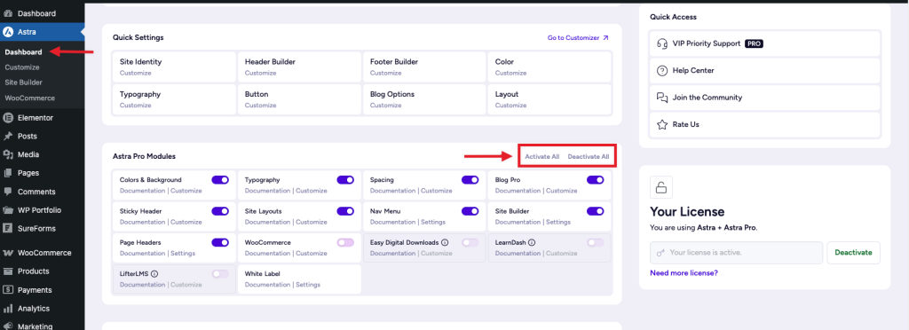 Astra Dashboard Activate Deactivate Modules 1024x372