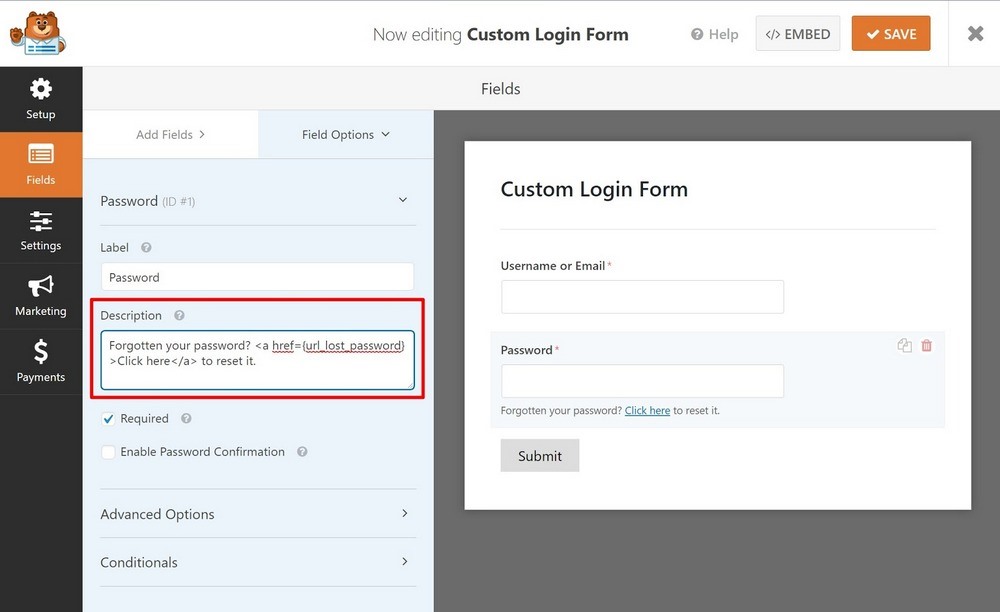 WP Forms login form settings