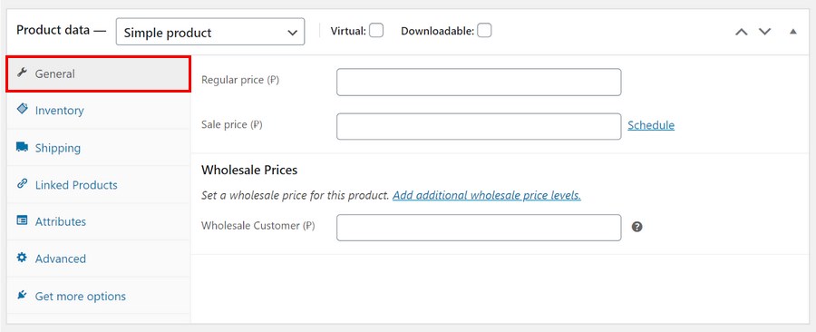 WooCommerce product data General tab