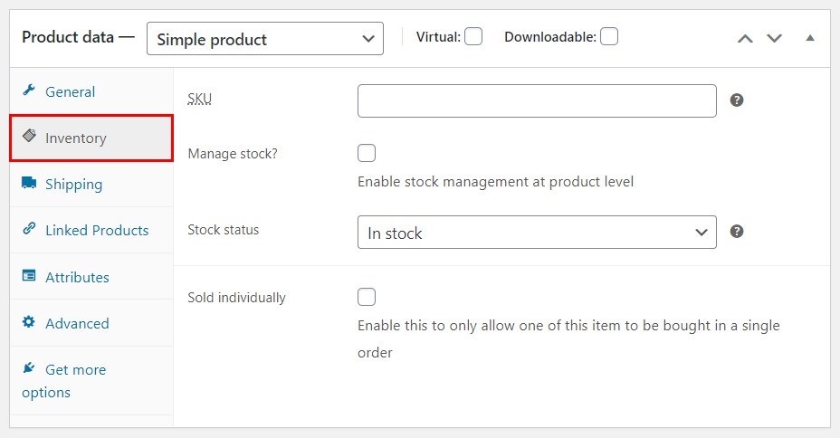 WooCommerce product inventory tab