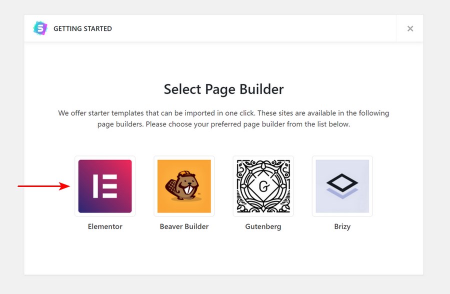 Astra get started page builder selection option