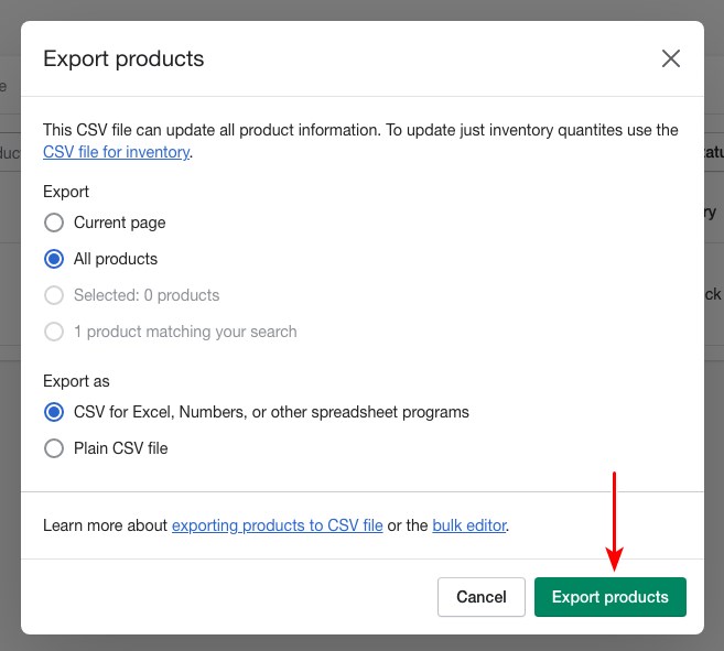 Shopify export products setting