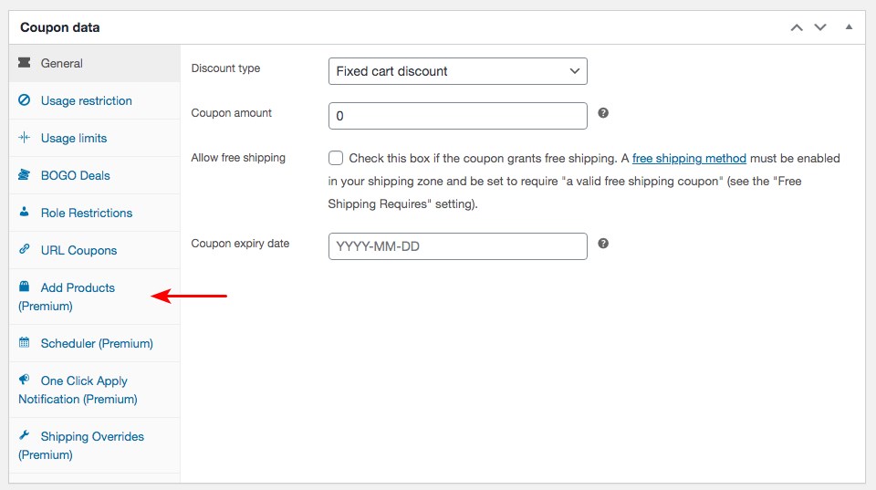 WooCommerce coupon data add products setting