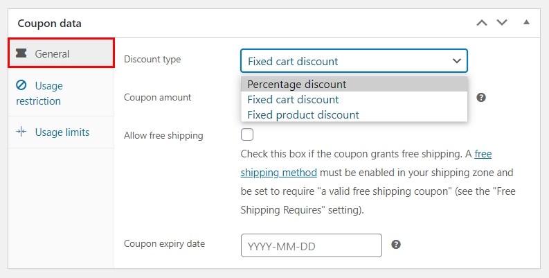 WooCommerce coupon general setting