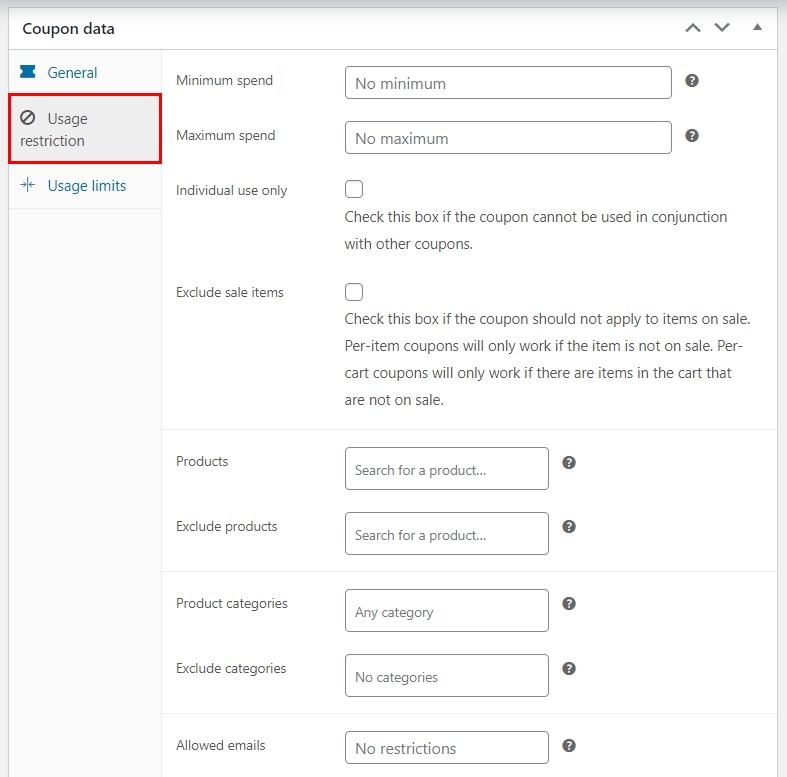 WooCommerce coupon usage restriction setting