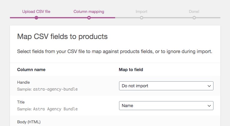 WooCommerce import product column mapping
