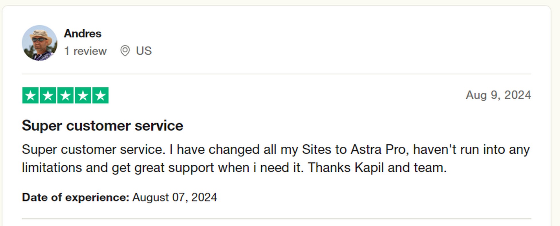astra pro testimonial from trustpilot