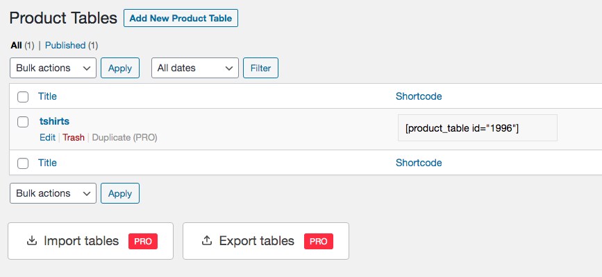 Created product table