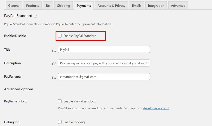 Enable PayPal standart WooCommerce