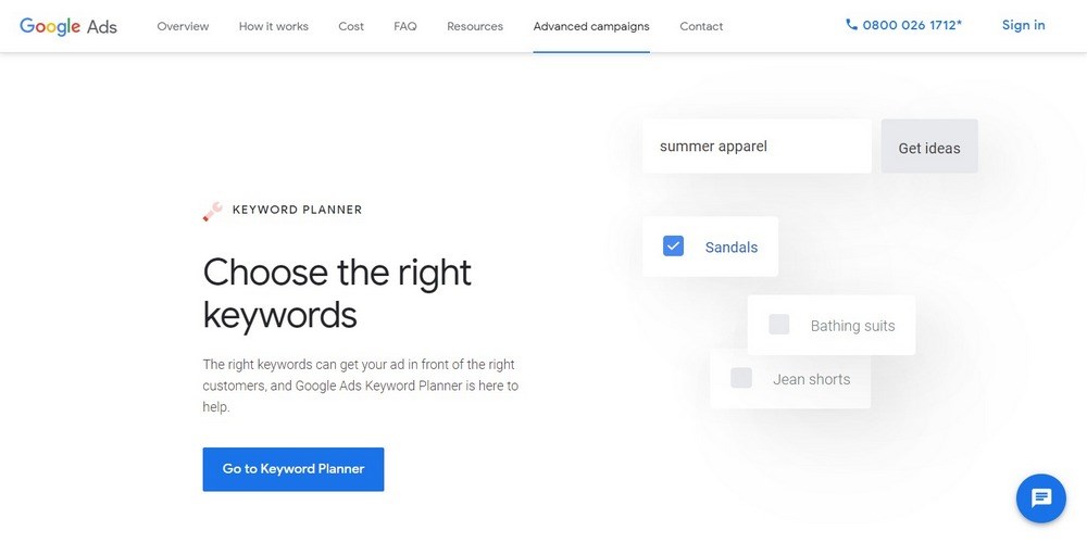 Google AdWord keyword planner
