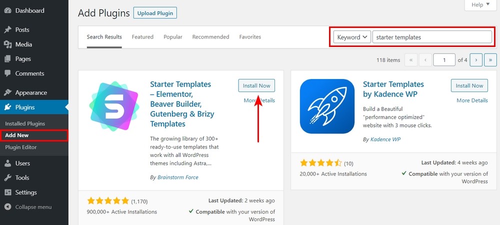 Install Starter Templates plugin