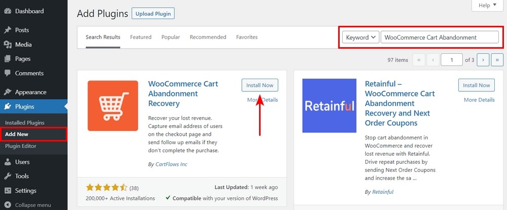 Install WooCommerce cart abandonment recovery plugin